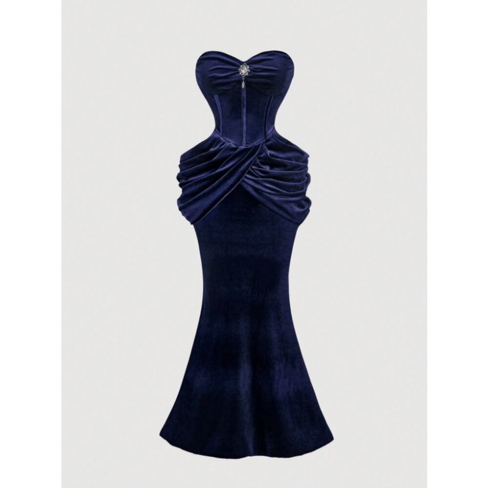 Women Blue Velvet Strapless Midi Dress Ruched Corset Bodycon Evening Party M